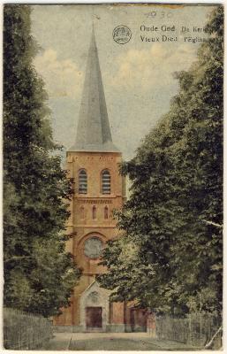 Mortsel: Heilig-Kruiskerk in de jaren 20 - ingekleurde postkaart