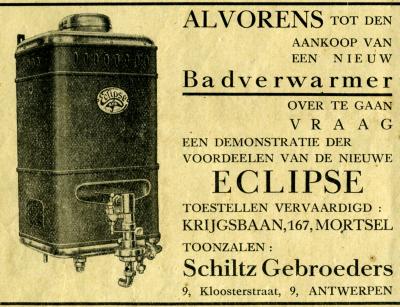 Mortsel: Vlaamse Kermis 1932 - Advertentie in programmaboekje : Badverwarmer Eclipse